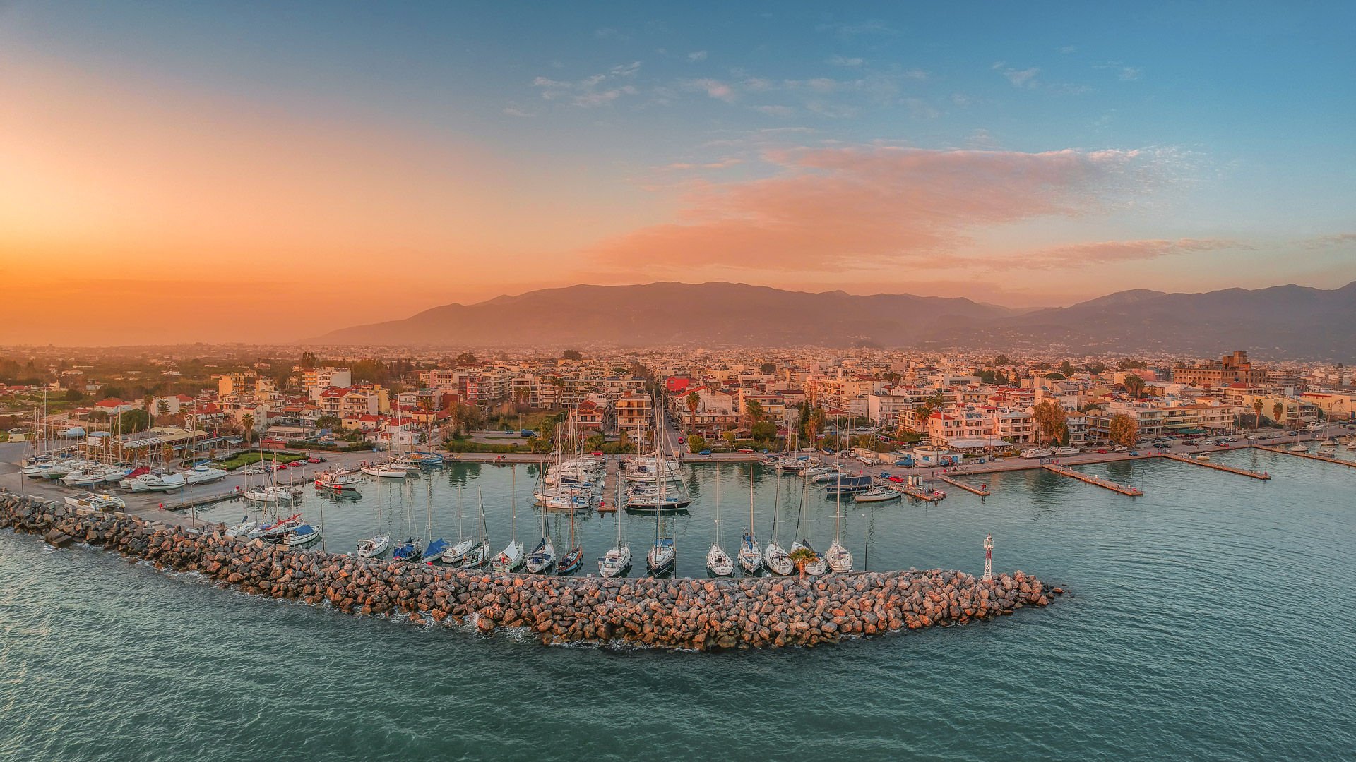 Idyllic landscape of Kalamata's Marina at sunset