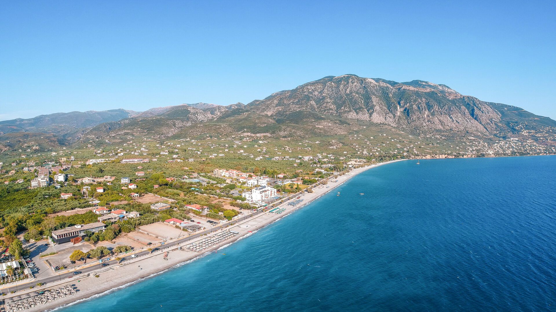 The beachfront near Kalamata has memorable views of Mt Taygetos